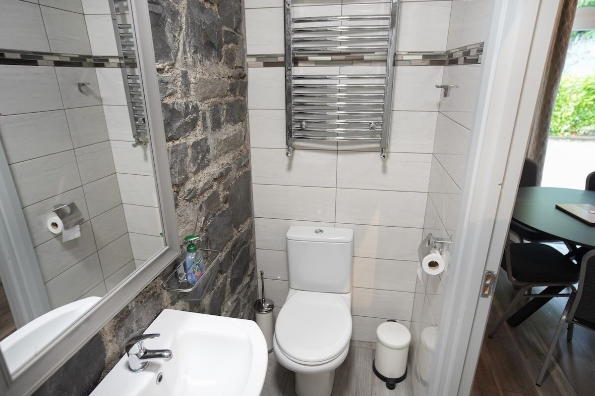 Un bagno con un lavandino bianco, un water, una doccia con porta in vetro e un porta asciugamani.
