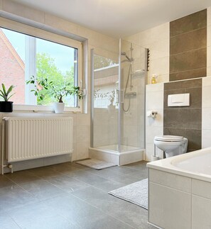 Hair dryer, towels, soap, toilet paper