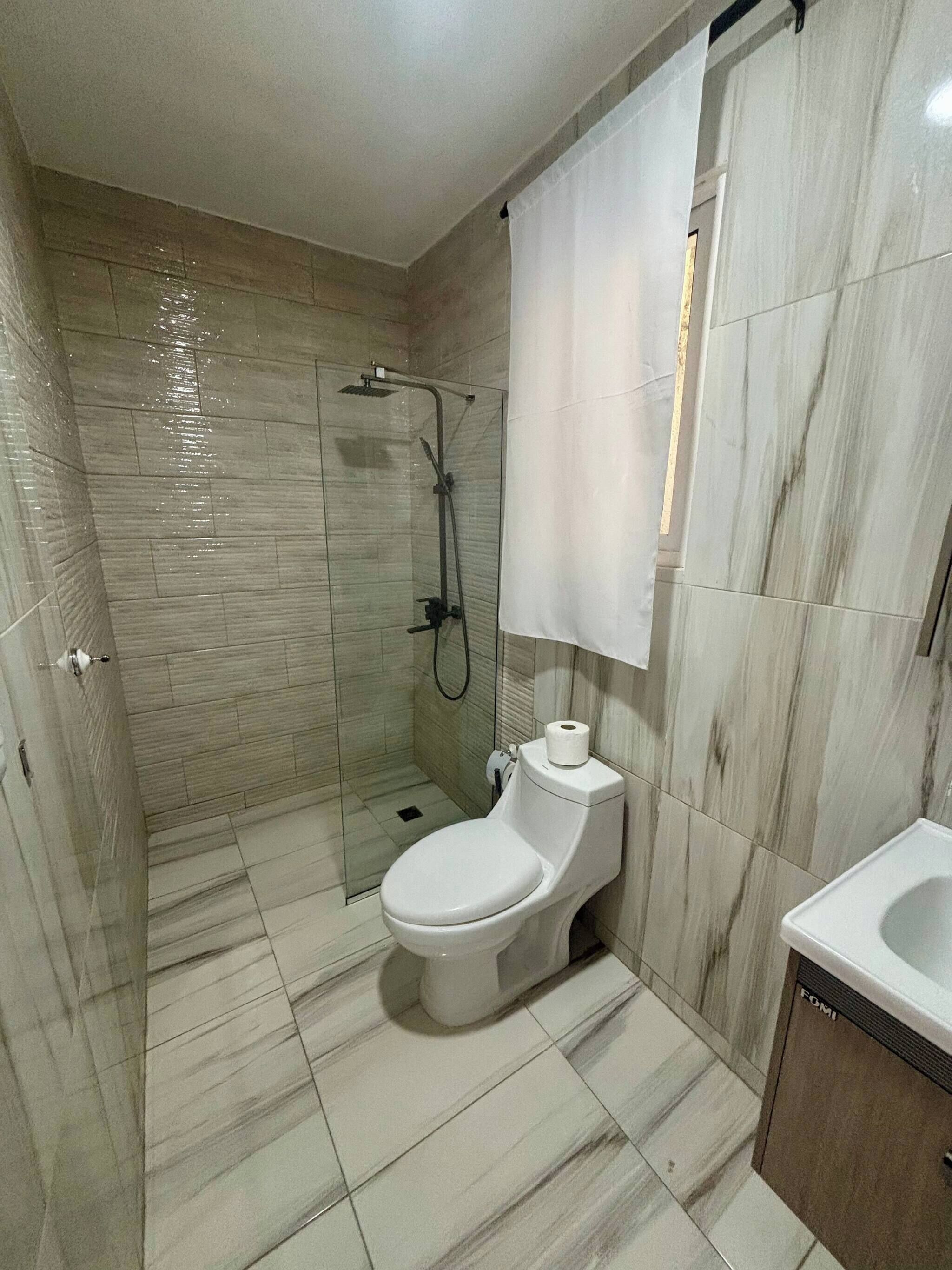 Une salle de bain avec des toilettes, une douche et un lavabo.