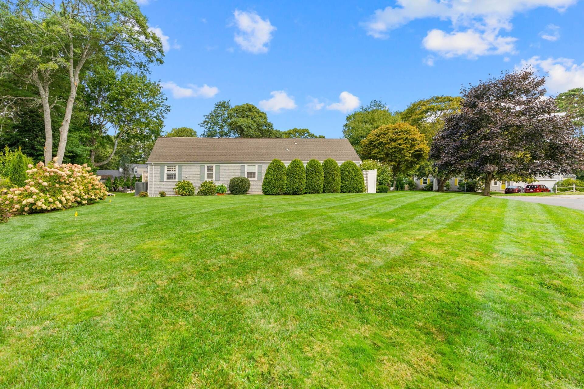 A single-story house with a well-maintained lawn and a variety of trees and shrubs.