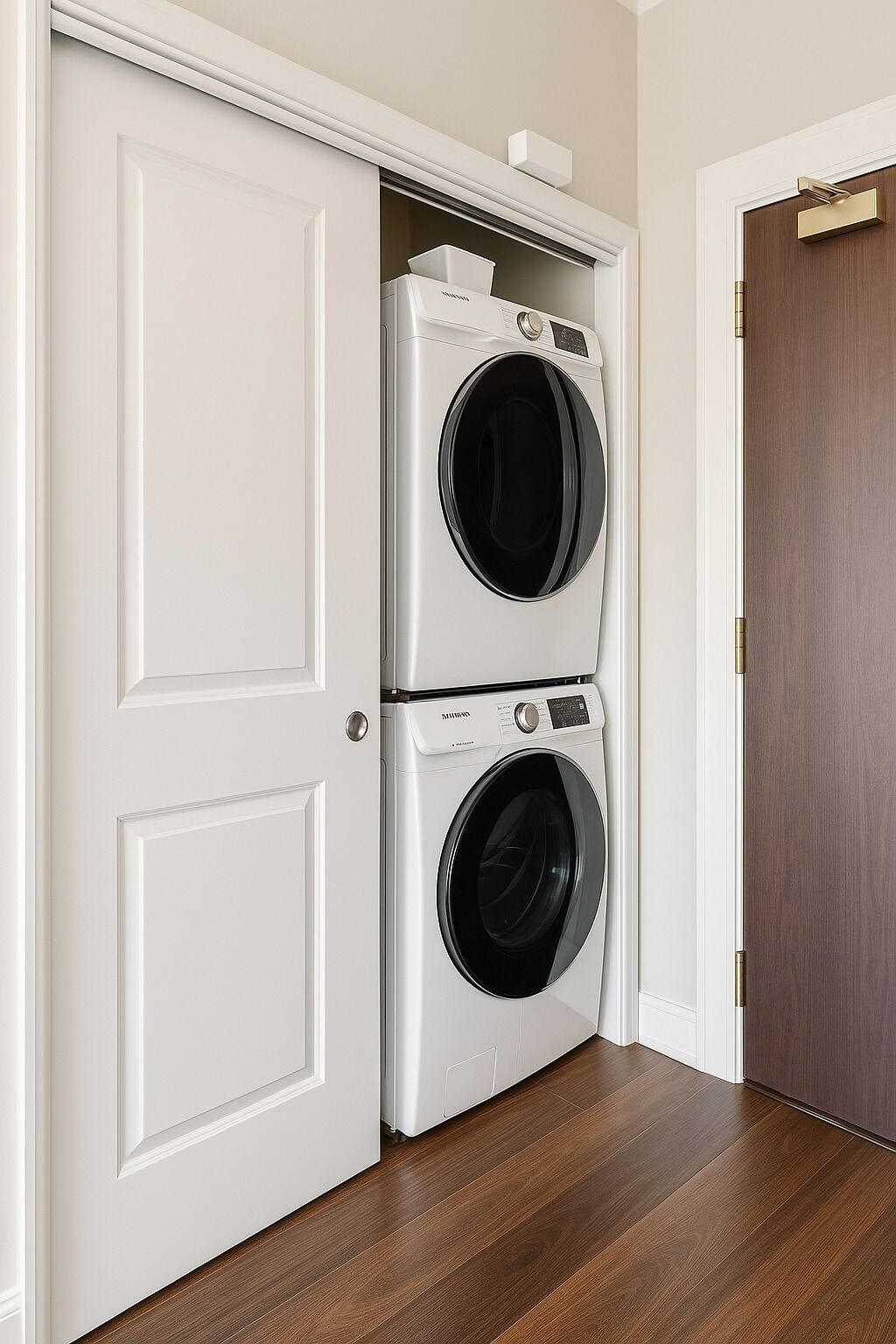 A laundry room with two stacked front-loading washers and dryers, a white door, and a wooden floor.