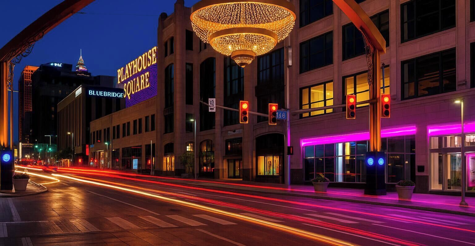A brightly lit Playhouse Square building with a large marquee sign, located 1.1 miles from the viewer.