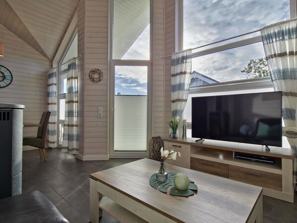 Tv, eldstad, böcker och en stereo