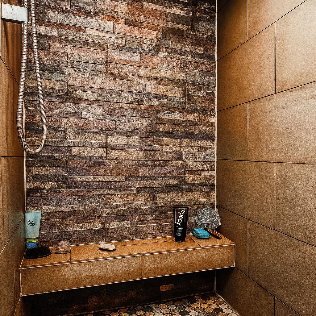 A shower area with a stone wall, a bench, and a handheld showerhead.