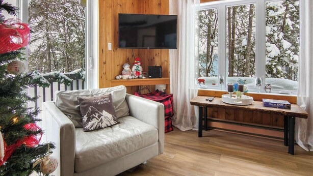 Une pièce chaleureuse au décor intérieur en bois, avec un canapé blanc orné d’un coussin à motifs de montagne, un téléviseur à écran plat et une fenêtre donnant sur un paysage enneigé.