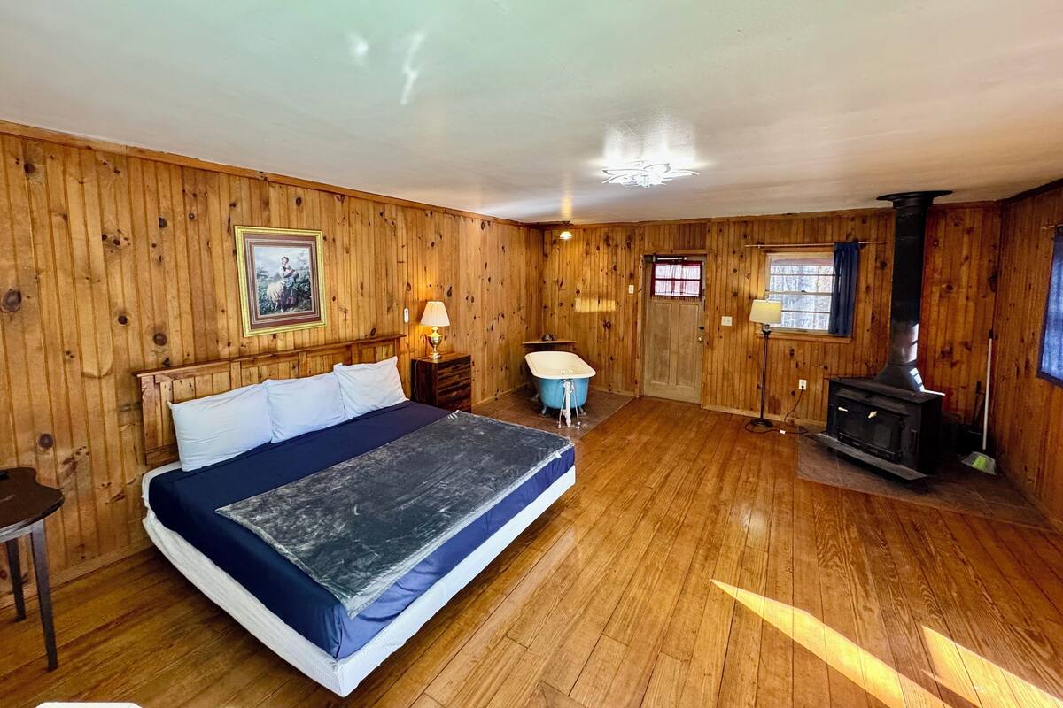 A room with wooden walls, a bed, a bathtub, and a wood-burning stove.