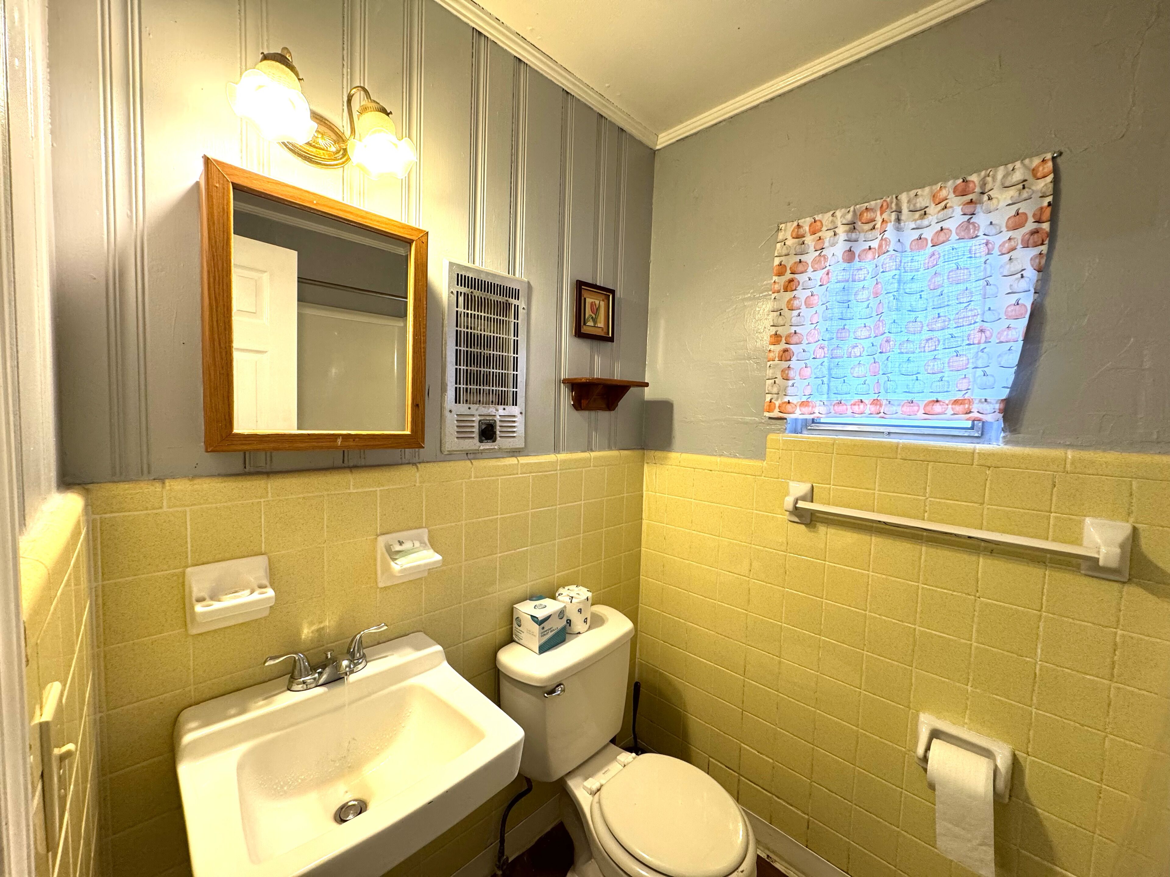 A bathroom with a sink, toilet, and mirror.
