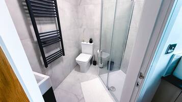 Shower, hair dryer, towels, soap