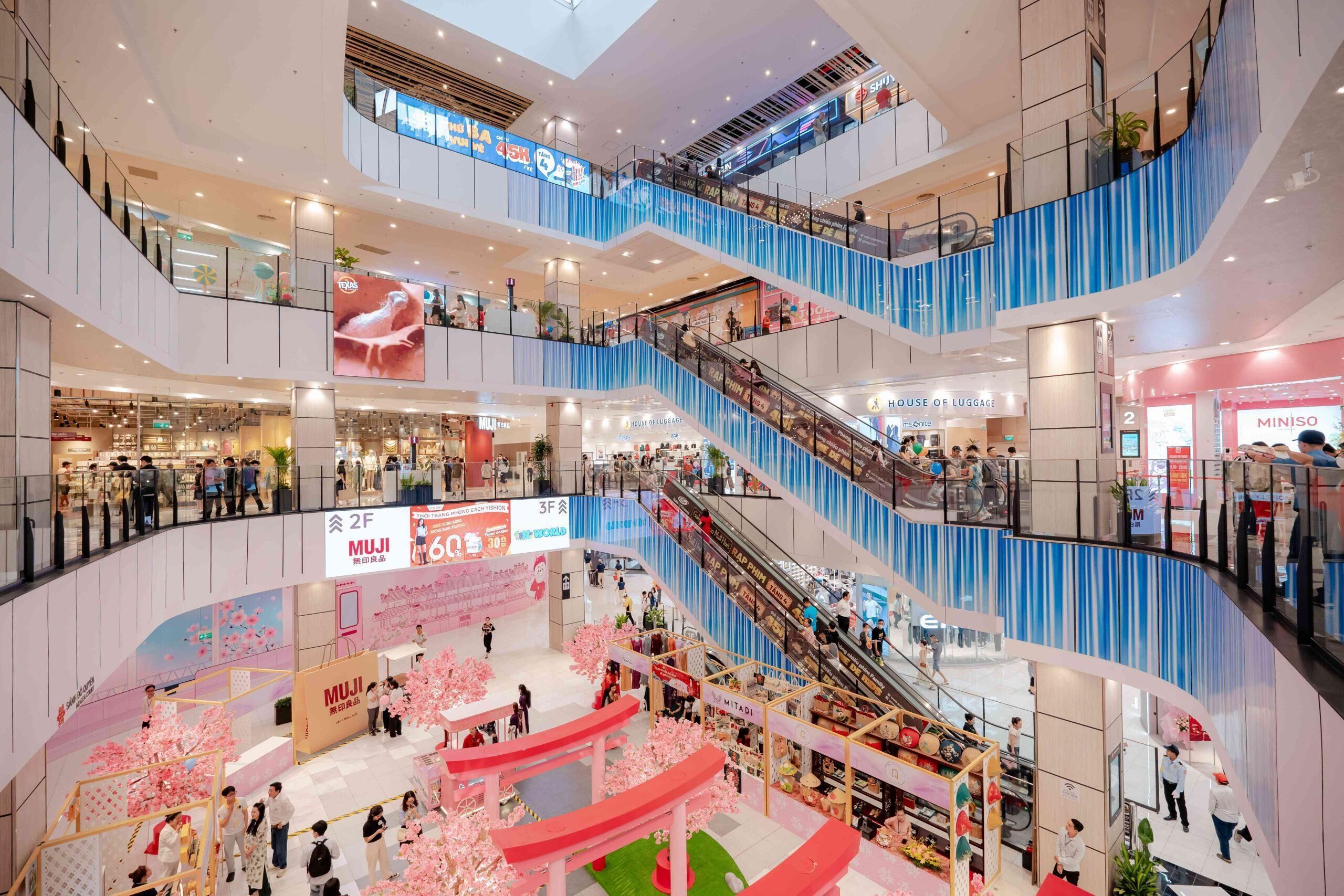 Een meerlaags winkelcentrum met roltrap, winkels en een centrale atriumruimte met een decoratief roze en wit thema.