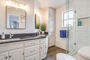 Hair dryer, towels, soap, toilet paper