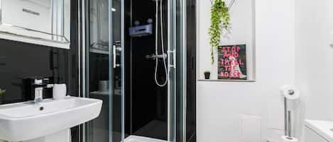 Shower, hair dryer, towels, soap