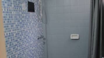 A bathroom with a toilet, bidet, and shower.