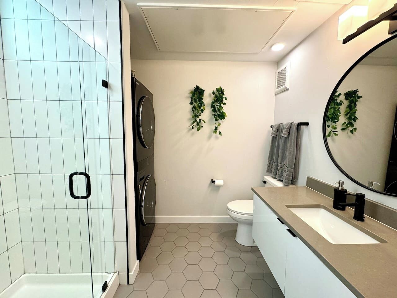 Shower, hair dryer, towels