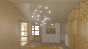Et soveværelse med seng, garderobeskab, spejl og en lampe i loftet.