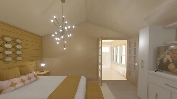 Et moderne soveværelse med seng, sengebord, lampe og en usædvanlig loftlampe.