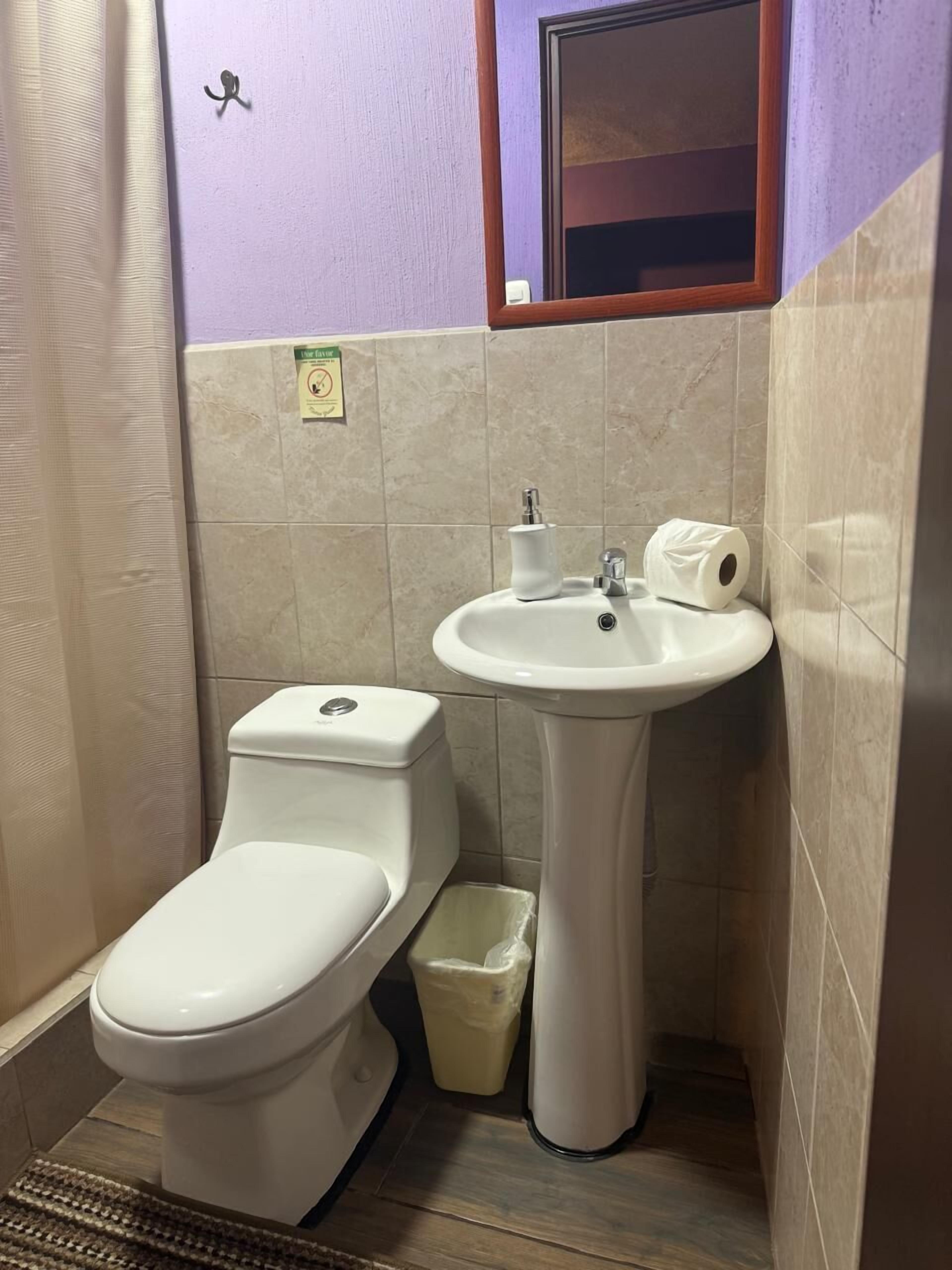 A small bathroom with a toilet, sink, and a trash bin.