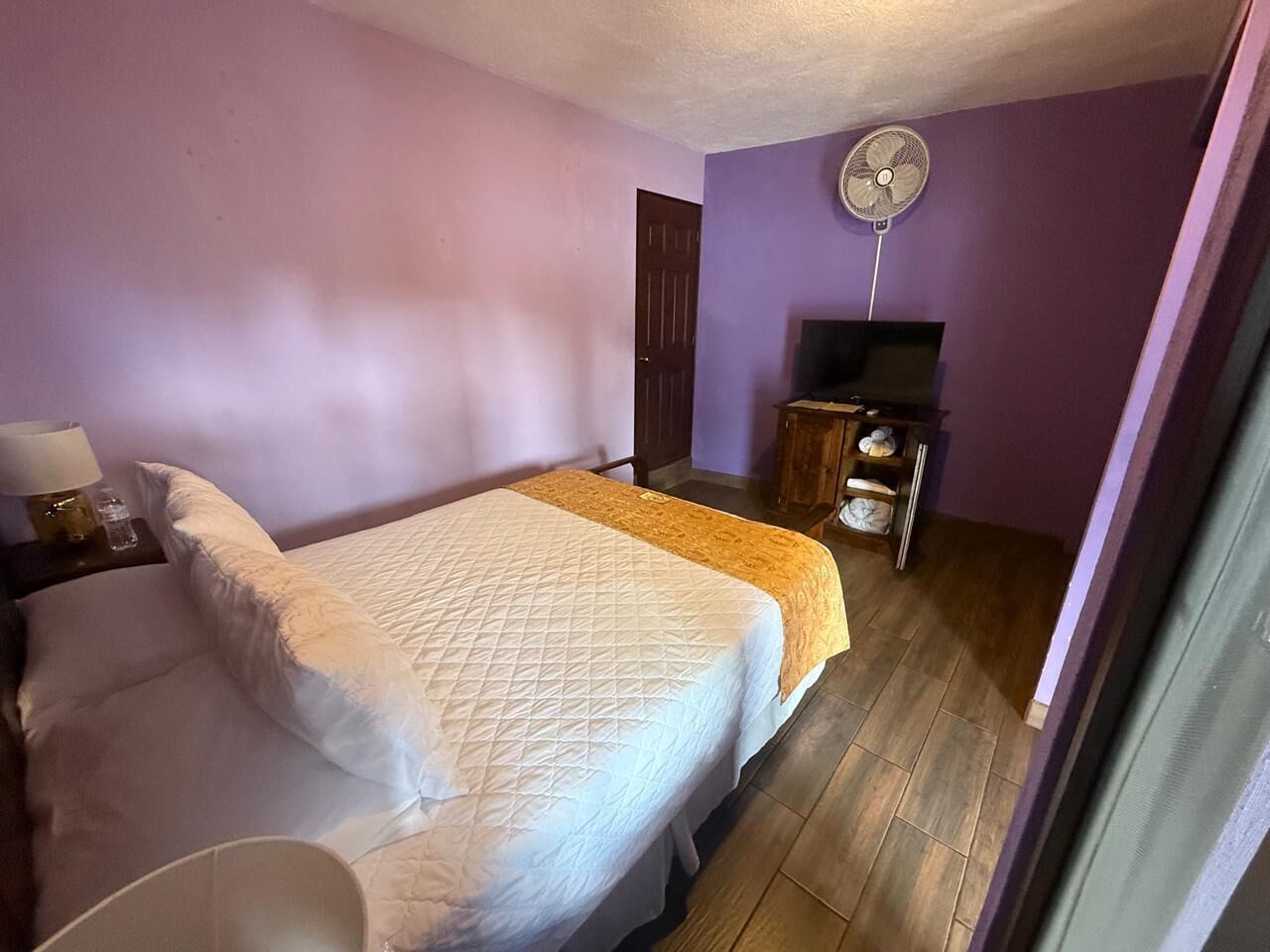 A small, compact hotel room with a single bed, a bedside table with a lamp, a wooden nightstand, a TV, and a wall-mounted fan.