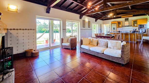 A spacious living area with a high ceiling, a wicker sofa, a dining table, and a kitchen area with modern appliances.