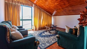 Un salon chaleureux avec un plafond en bois, un tapis aux motifs bleus et blancs, et un canapé agrémenté de coussins à carreaux.