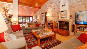 Una sala de estar acogedora con pared de piedra, techo de madera y chimenea. Hay sofás, una mesa de centro y un televisor.