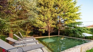Una piscina con sillas de descanso, rodeada de árboles.