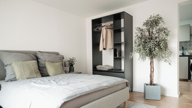 A modern bedroom with a bed, a wardrobe, a potted plant, and a nightstand.
