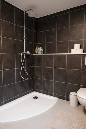 Shower, hair dryer, towels, toilet paper