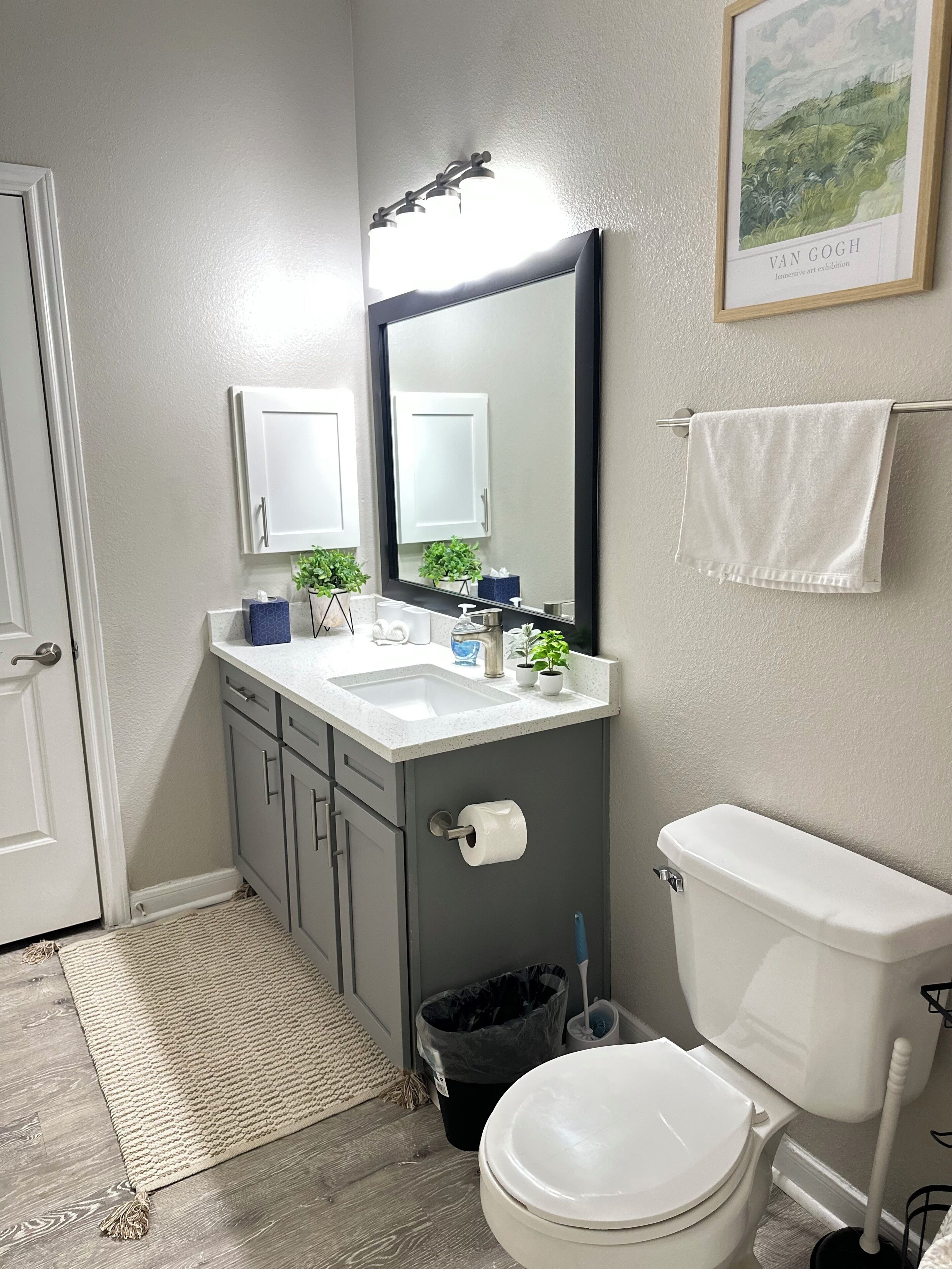 A bathroom with a white sink, two mirrors, a toilet, and a framed artwork on the wall.