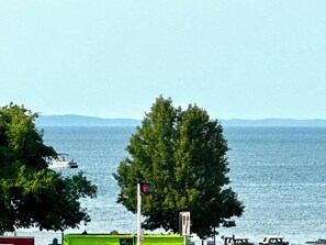A view of a lake with boats, a traffic light, and a pedestrian crossing sign.