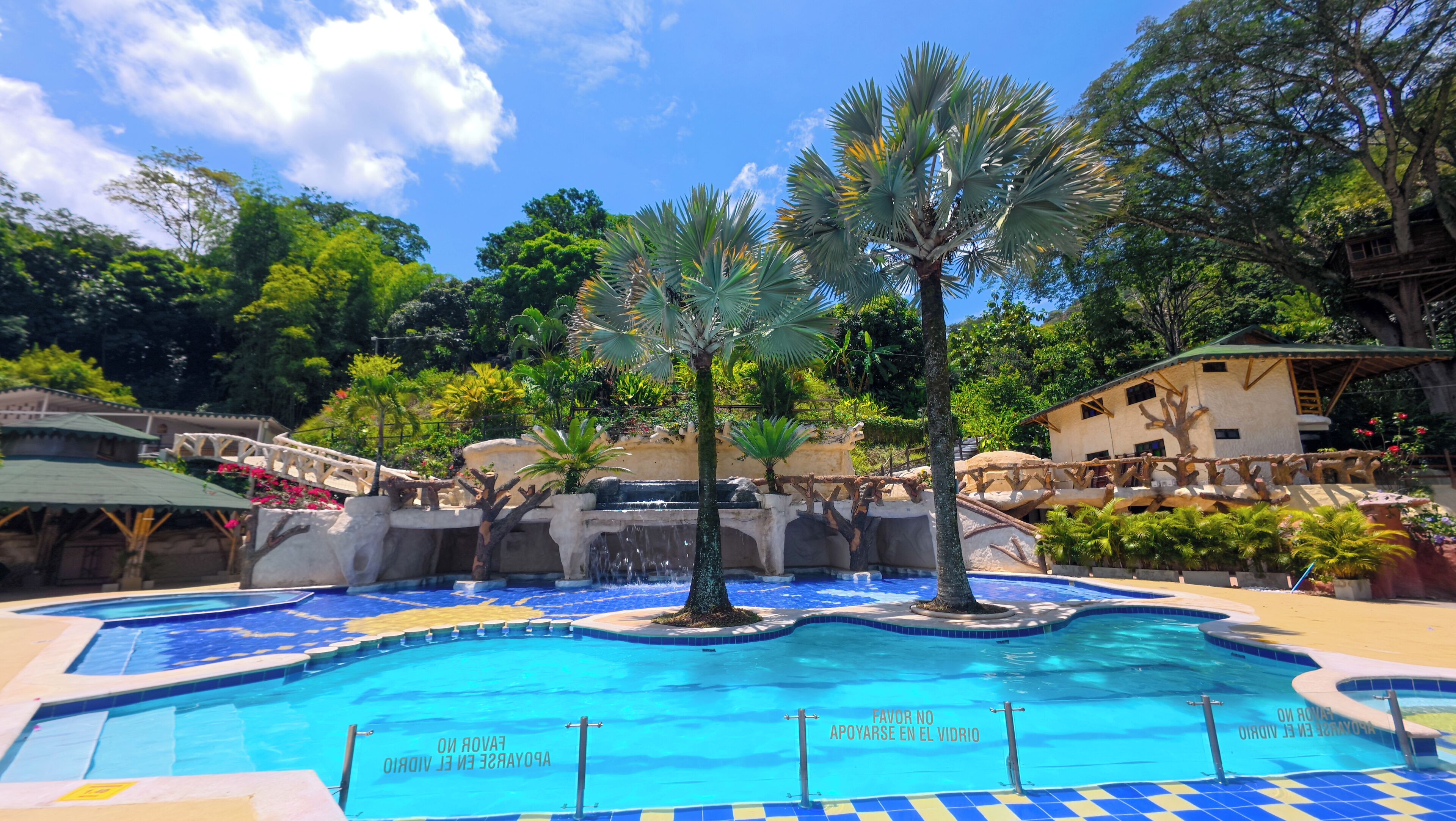 A swimming pool with a waterfall feature, surrounded by tropical plants and a wooden bridge.