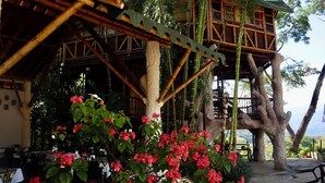 A bamboo structure with a dining area underneath, surrounded by lush greenery and red flowers. - Solvae (San Jeronimo)