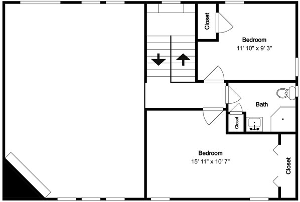 A floor plan with two bedrooms, a bathroom, and closets. - Somewhere by Taylor Made Deep Creek (Oakland)