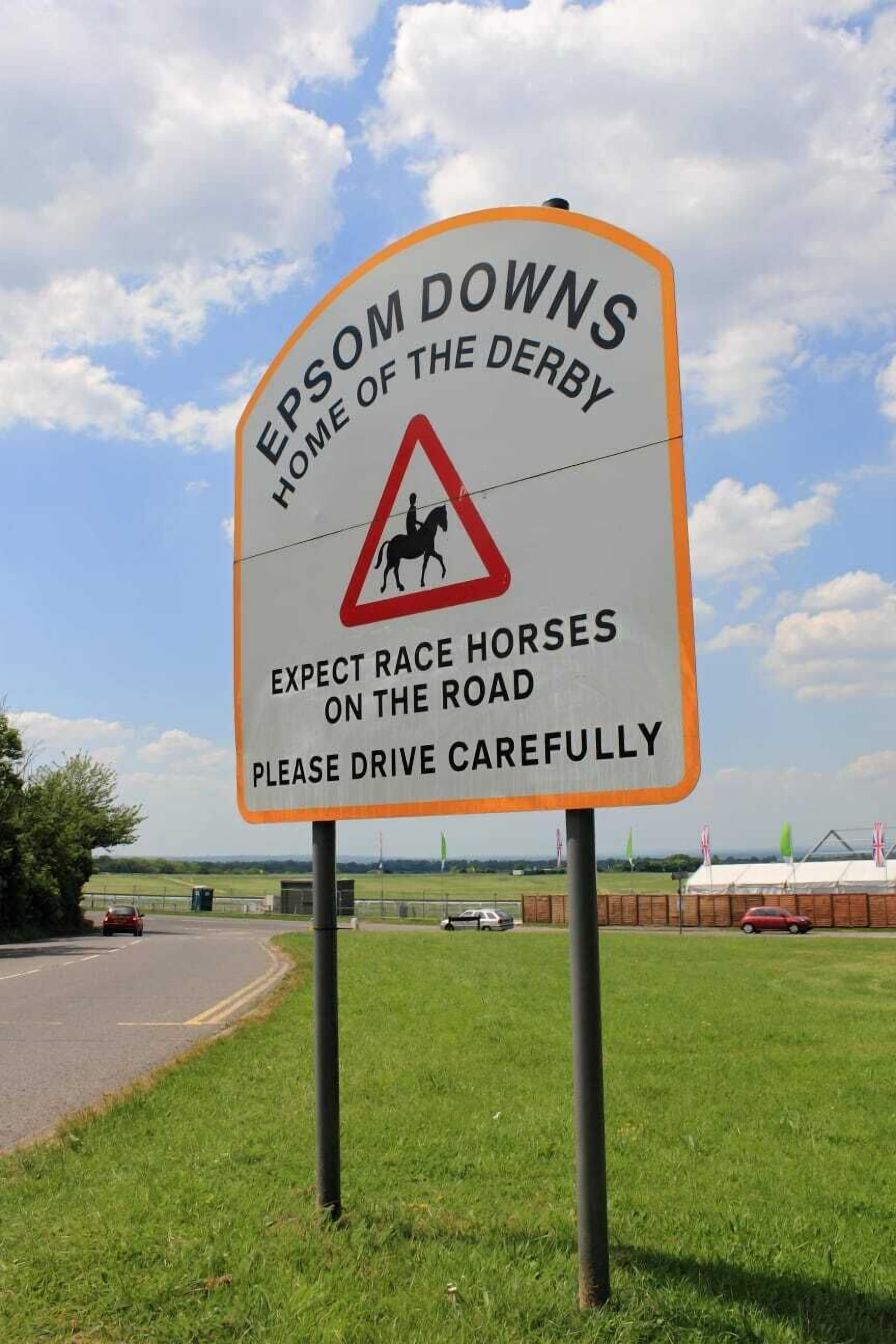 Verkehrszeichen warnt vor Rennpferden auf der Straße bei Epsom Downs.