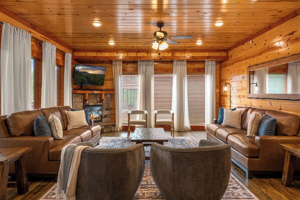 Smart TV, fireplace, video games, DVD player