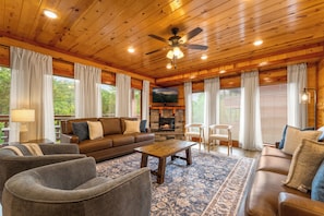 Smart TV, fireplace, video games, DVD player