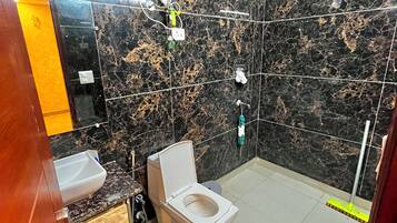 Shower, towels, soap, toilet paper