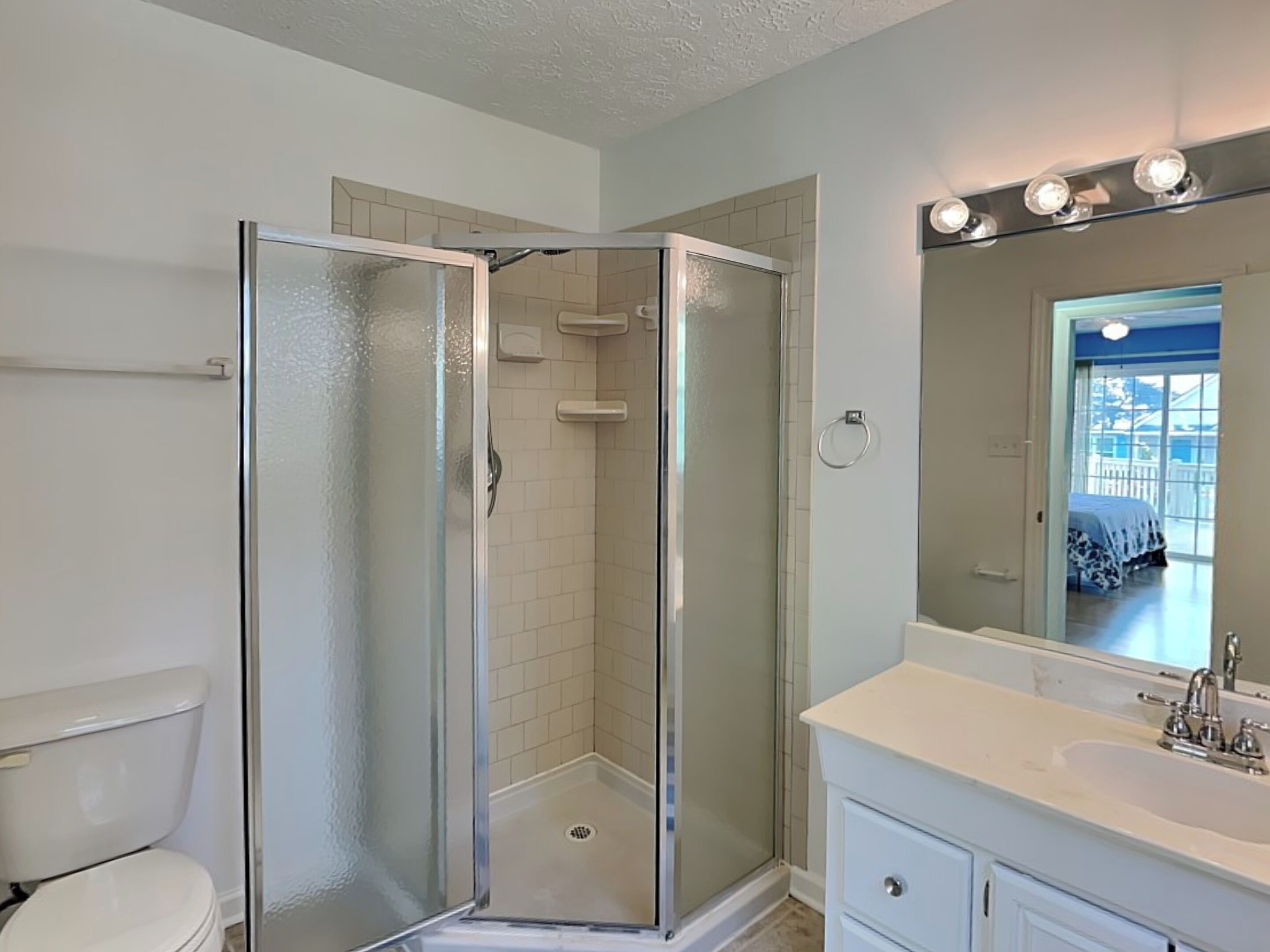 A bathroom with a glass-enclosed shower, a white toilet, and a vanity with a mirror.