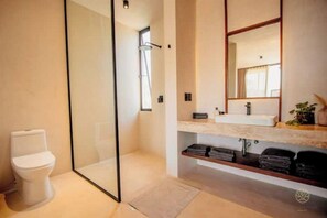 Hair dryer, towels, soap, toilet paper