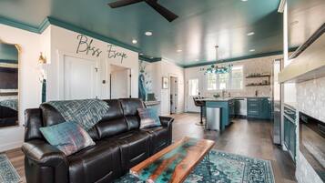 Smart TV, fireplace, books