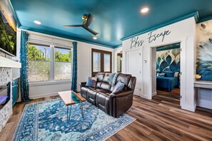 Smart TV, fireplace, books