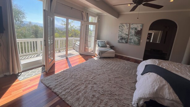 A bedroom with a large bed, a ceiling fan, and a view of the outdoors through a sliding glass door.
