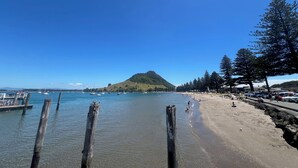 A beach with clear water, a dock, and a mountain in the background.