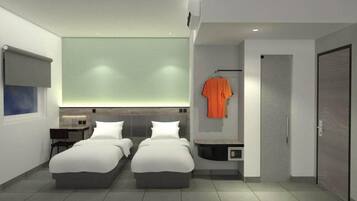 A modern hotel room with two beds, a large window, and a wardrobe.