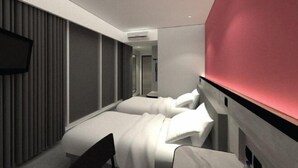 A modern hotel room with two beds, a flat-screen TV mounted on the wall, and a red accent wall. - Amaris Hotel Manado (Wenang)