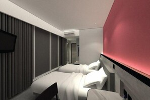 A modern hotel room with two beds, a flat-screen TV mounted on the wall, and a red accent wall.