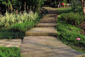 A wooden staircase surrounded by greenery, leading to a higher level. - USUM International Hotel (Chongqing)