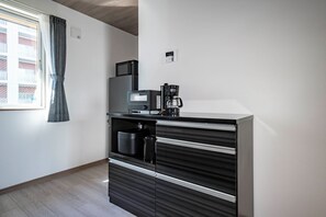 Fridge, microwave, stovetop, high chair