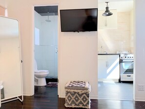 Hair dryer, towels, soap, toilet paper