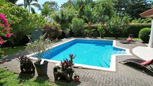 A rectangular swimming pool with a tiled edge, surrounded by lush greenery and potted plants. - Casa Suryaa Ananda in the heart of Ojochal (Provincia de Puntarenas)