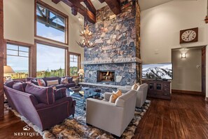 TV connectée, cheminée, livres, imprimantes